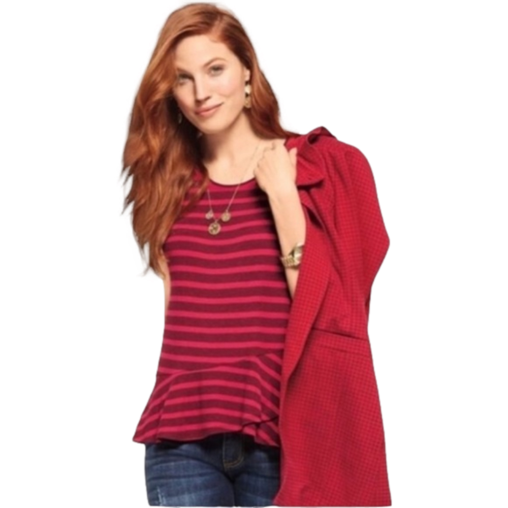 Cabi Red Striped Peplum Slimming Striped Tee